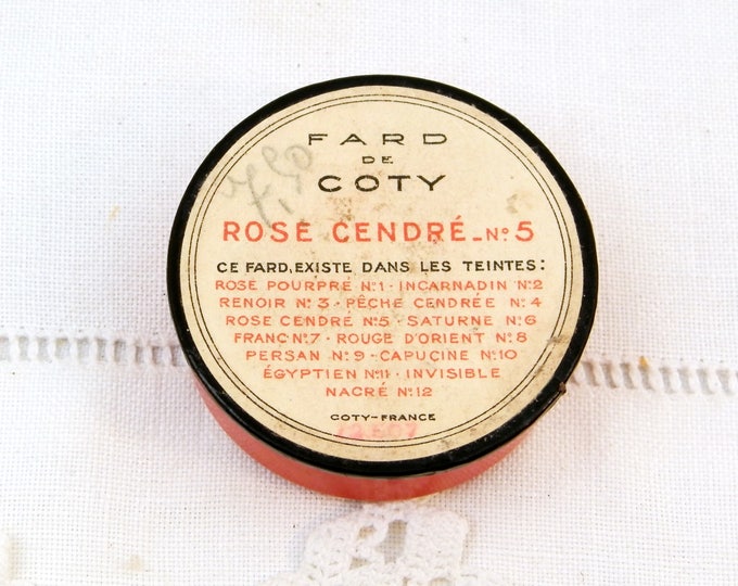 Vintage French 1940s Rouge / Blusher Make Up Fard de Coty Rosé Cendré Number 5 Round Red Box with Powder Puff, Cosmetic Blush From France