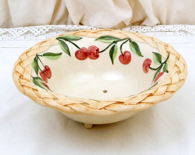 Vintage Majolica Style Pottery Berry Bowl With Cherry Pattern, China Fruit Colander with Basket Motif, Ceramic Strainer Bowl with Holes