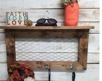 ON SALE Rustic Home Decor, entry way shelves, entryway shelf, coat rack, coat rack with shelf, wire shelves, wire shelf, shelf with hooks