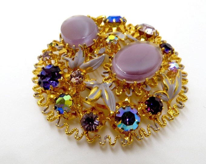 Givre Glass Brooch, Filigree Rhinestone Pin, Made In Austria, Lavender Givre Glass, Vintage Jewelry