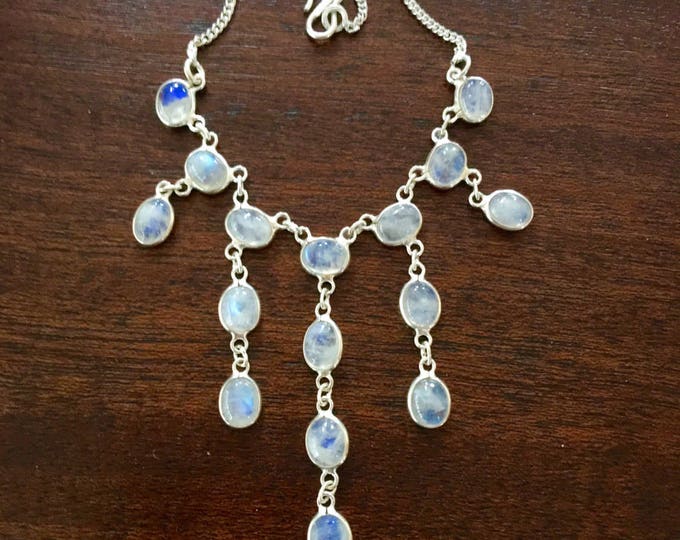 Sterling Moonstone Necklace, Vintage Festoon Bib Necklace, Drippy Moonstones, 16" Chain