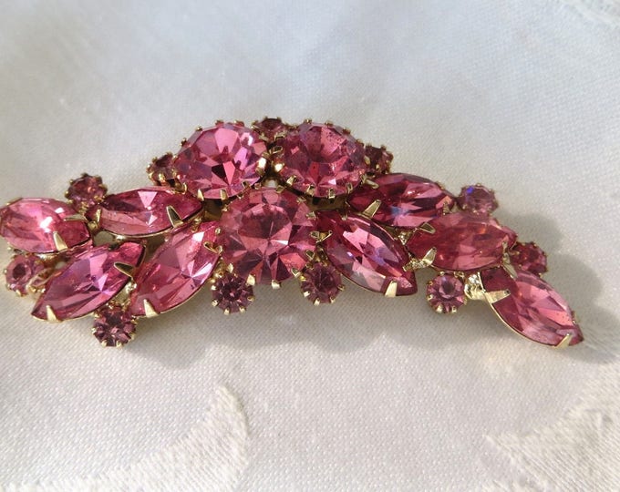 Vintage Pink Rhinestone Brooch, Mid Century Rhinestone Pin, 1960s Jewelry