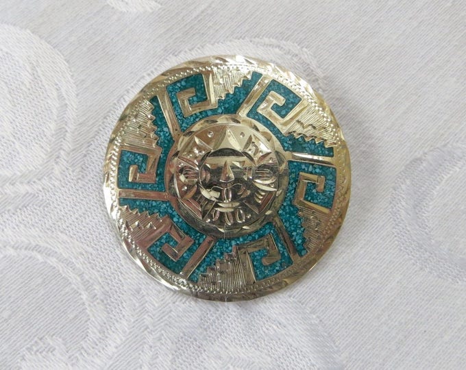 Sterling Sun Brooch, Mexico Silver, Vintage Sun God Pin, Turquoise Inlay, La Plata