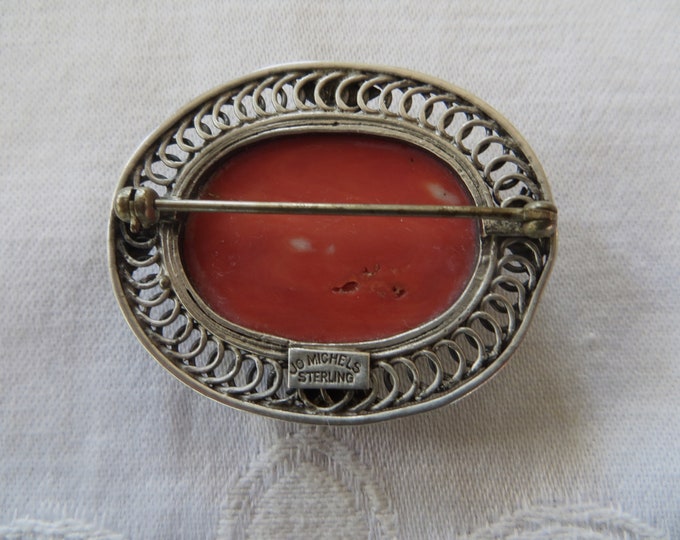 Sterling Coral Brooch, Signed Jo Michels Mid Century Vintage Sterling Coral Pin 1940s Jewelry