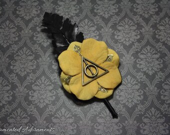 Hufflepuff Colours - Deathly Hallows Themed Boutonniere - Metal, Harry Potter Inspired Wedding, Groom, Groomsmen, Prom, Corsage