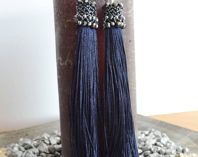 Long tassel earrings, cobalt earrings, Large Statement Earrings, bohemian earrings, boho jewelry, Extra Long Earrings, boho chic earrings