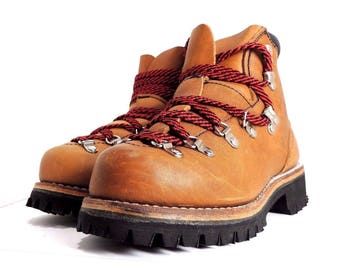 Vintage Leather Hiking Boots with Red Laces and Vibram Soles Made in USA Size 5.5M