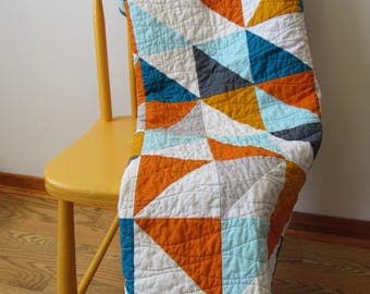 Modern half square triangle "HST" baby quilt, blue, orange and grey, baby bedding, modern quilt, square, triangle, crib bedding