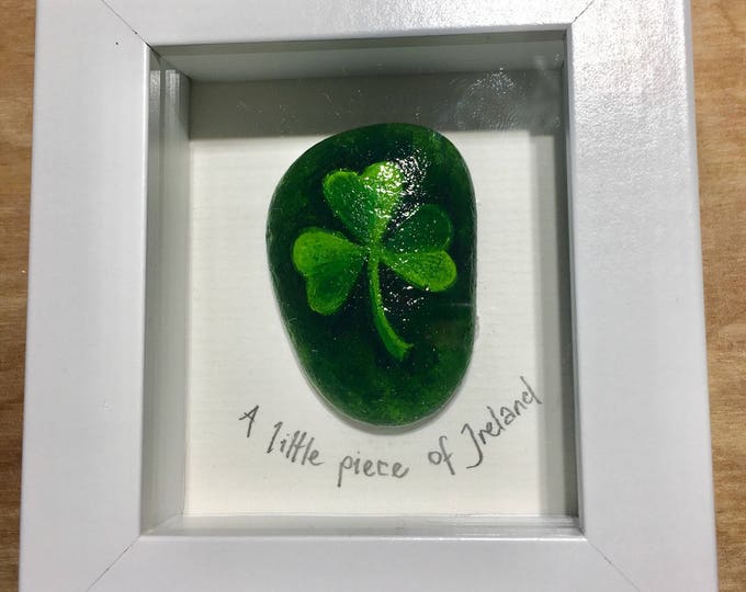 Irish shamrock painted rock, framed