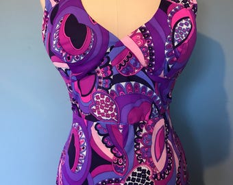 Psychedelic SWIRLY 70s Halter Dress GROOVY Polyester Small