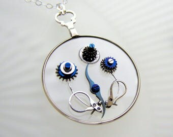 Steampunk Think Spring Flower Bouquet Pendant Necklace, Antique Pocket Watch Parts, 1850's Era Optical Monocle Lens, NEW Sterling Chain OOAK