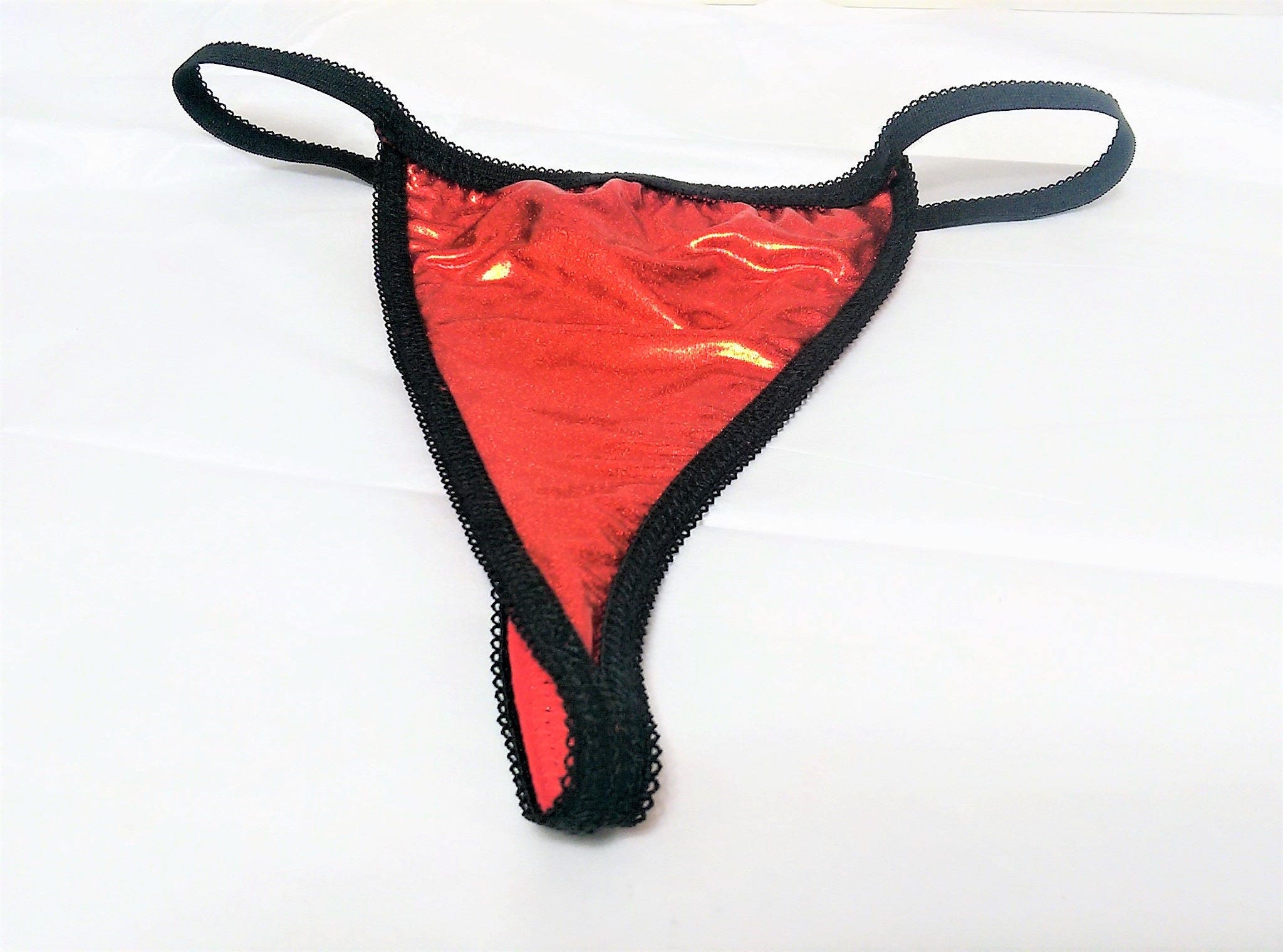 Plus Size Shiny Thong Panty Blood Red & Black Misses