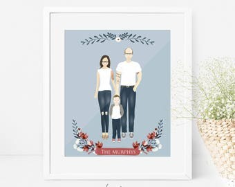 Custom family portrait. Digital illustration. Drawing. Personalized family portrait. Personalized printable card gift art digital customized