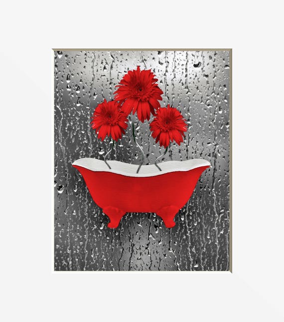 Red Bathroom Bedroom Wall Decor Red Daisy Flowers Raindrops