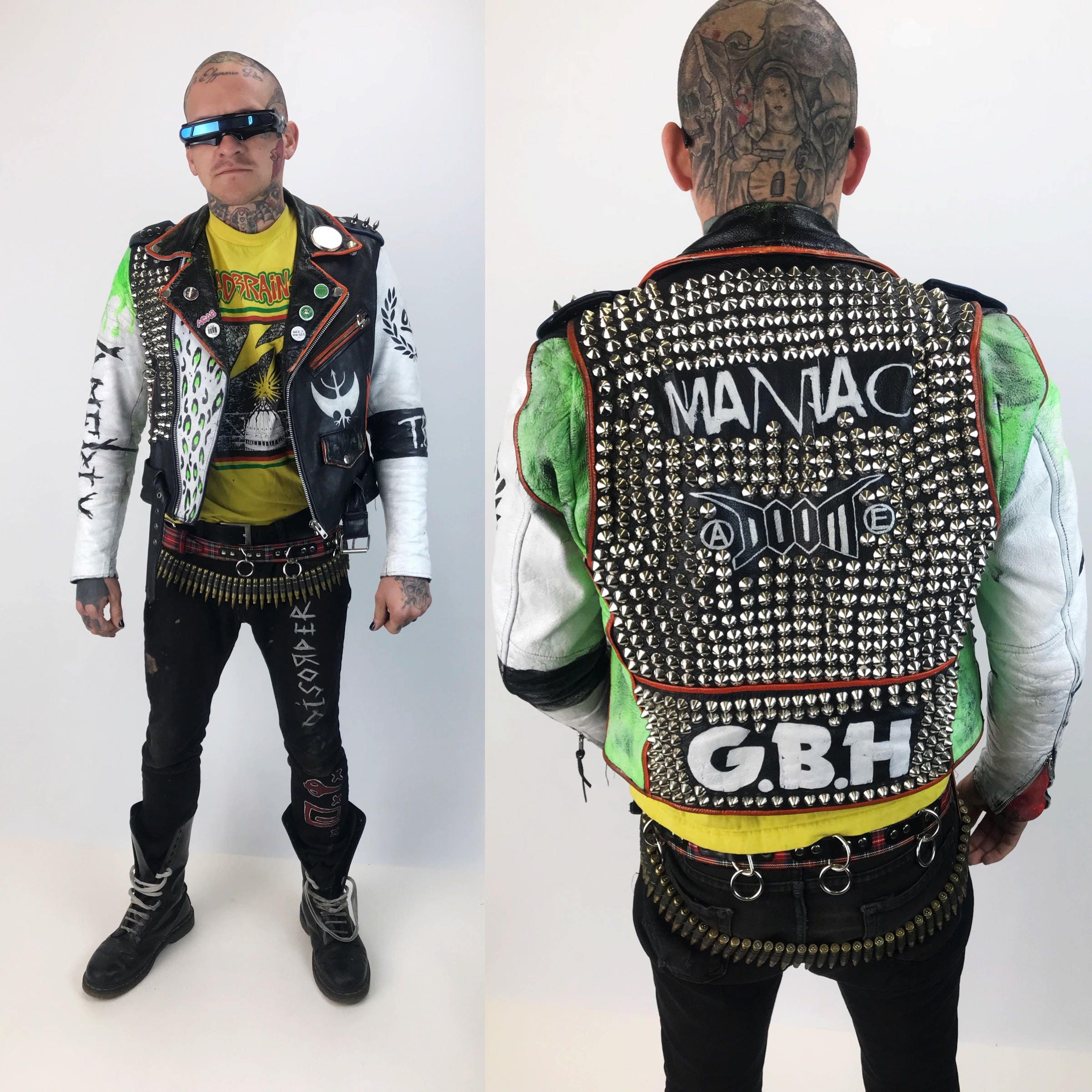 Studded Spiked White Leather Punk  Jacket  Mens 36 Vintage 