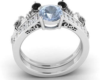bridal set aquamarine engagement ring with black si diamond in 14k gold aquamarine bridal - Mickey Mouse Wedding Ring bridal set aquamarine engagement ring with black si diamond in 14k gold aquamarine bridal - Mickey Mouse Wedding Ring