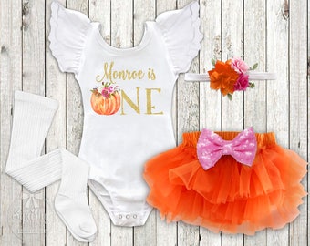 Girl's Pumpkin First Birthday Outfit Pumpkin 1st Birthday Party Pumpkin Patch Outfit Fall Birthday Outfit Boho Pumpkin Patch Outfit