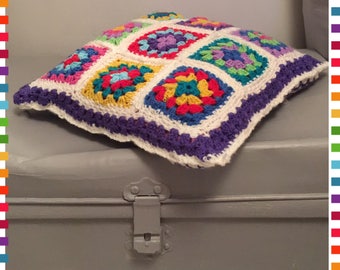 Rainbow granny square cushion