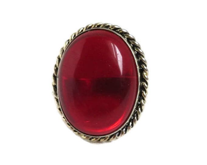 Red Glass Statement Ring, Vintage Braided Silver Tone Cabochon Ring, Gift for Her, Size 6.5