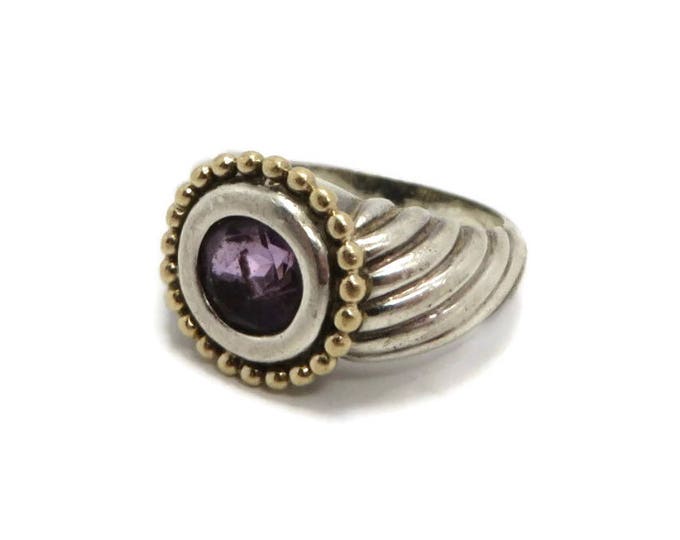 Amethyst Two Tone Ring, Vintage Sterling Silver Gold Plated Ring, Chunky Ribbed Ring, Size 7