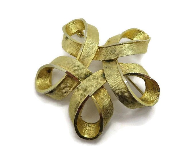 CAPRI Brooch, Vintage Gold Tone Designer Ribbon Pin, Matte Gold Looped Brooch