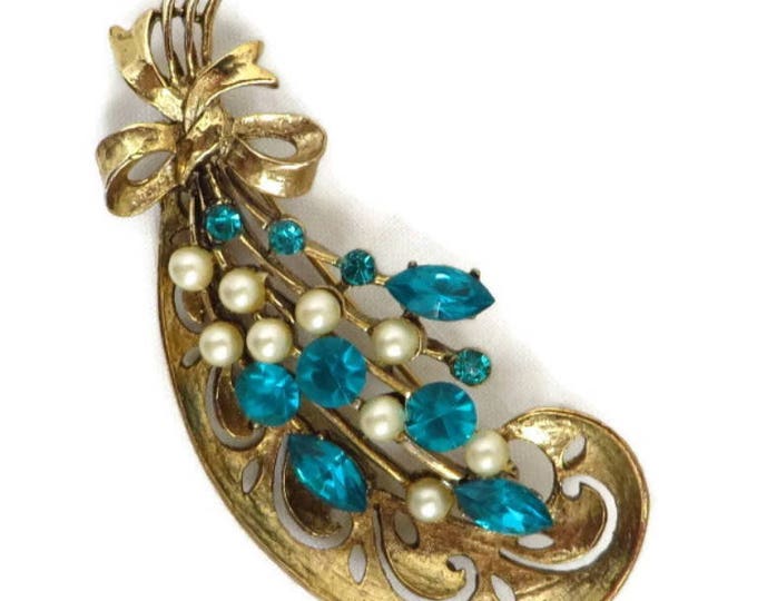 Vintage Brooch, Rhinestone Pin, Blue Rhinestone Faux Pearl Brooch, Vintage Weiss Gold Tone Flower Pin, Gift for Her Vintage Brooch, Rhinestone Pin, Blue Rhinestone Faux Pearl Brooch, Vintage Weiss Gold Tone Flower Pin, Gift for Her