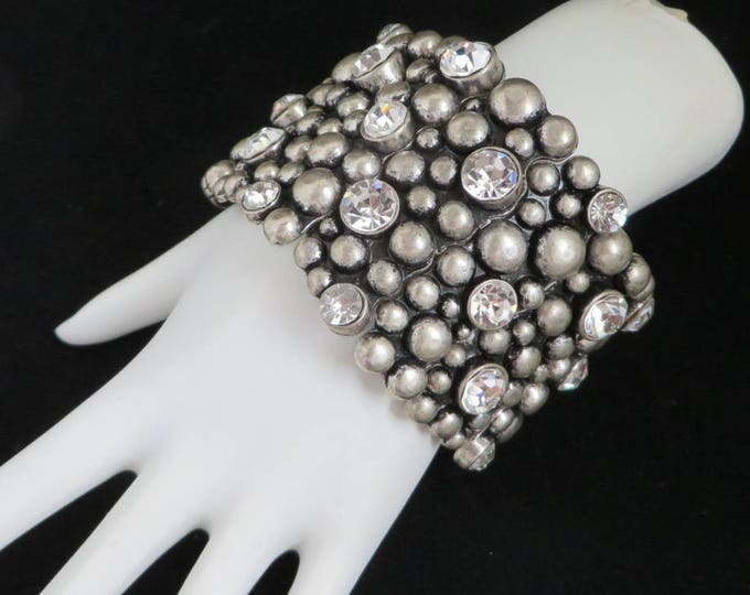 Wide Stone & Rhinestone Bracelet, Vintage Gray Bead, Rhinestone Studded Metal Stretch Bracelet