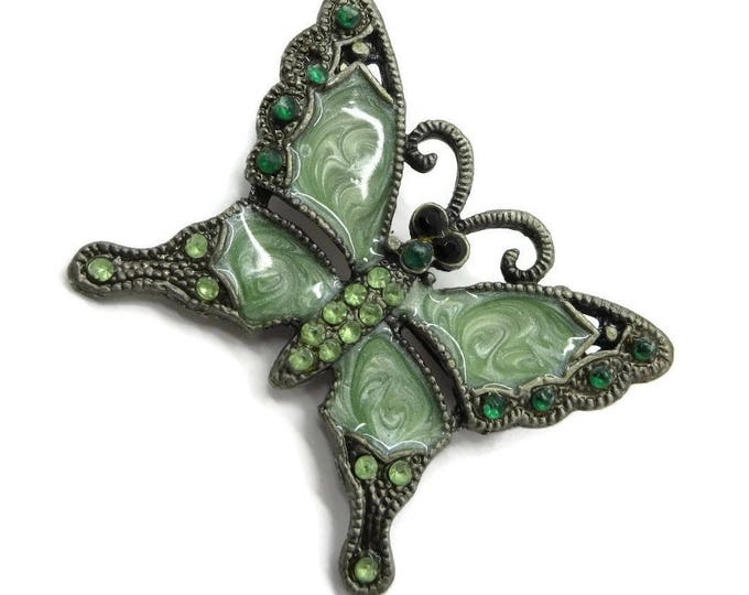 Green Butterfly Brooch, Vintage Green Swirl, Rhinestone, Silver Tone Butterfly Pin