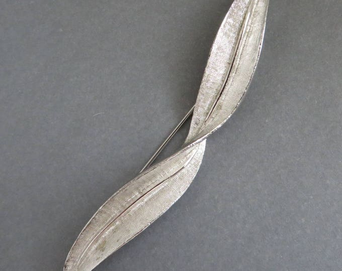 Coro Pegasus Leaf Brooch, Vintage Matte Silver Tone Wide Leaf Pin, Gift for Her