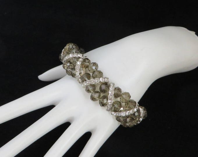 Vintage Smoky Gray Stretch Bracelet, Rhinestone Bracelet, Gray Beaded Bangle