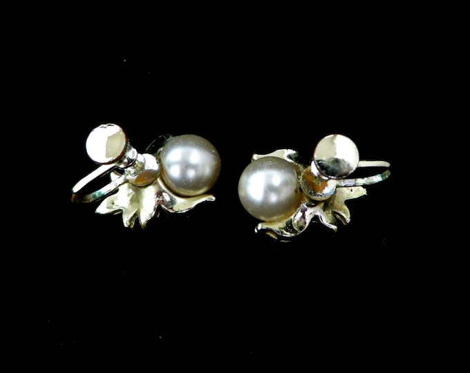 Pearl Earrings, Vintage Faux Pearl, Rhinestone Screw Back Earrings