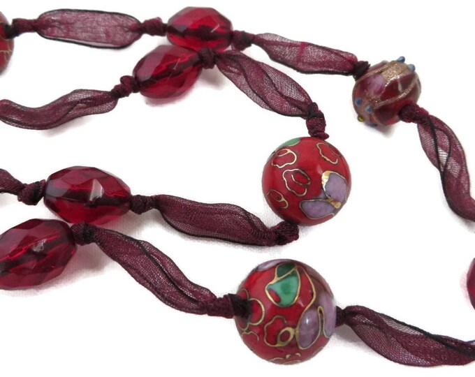 CHICO'S Ribbon Necklace, Red Bead, Cloisonne Necklace, Boho Jewelry, Gift for Her