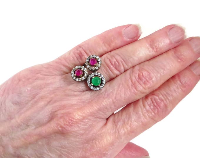 Vintage Ruby, Emerald Bypass Ring, Two Tone Sterling Silver Multi Stone Ring, CZ Wrap Ring, Cocktail Ring, Size 6