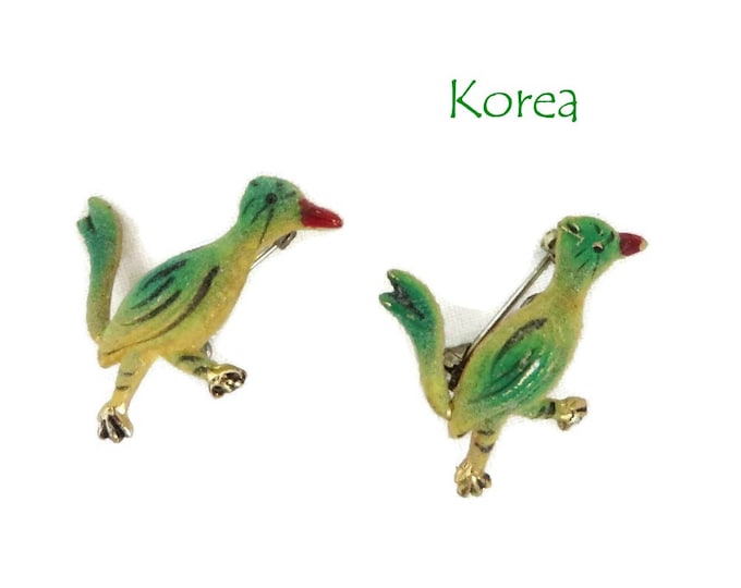 Roadrunner Brooches - Vintage 1950s Korea Green and Yellow Roadrunner Brooch Pair, Gift for Her