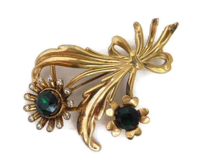 Rhinestone Bouquet Brooch - Vintage Green White Rhinestone Gold Tone Floral Pin, Gift for Her, Gift Boxed
