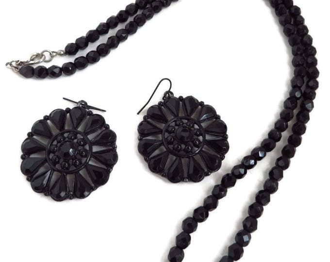 Black Bead Necklace, Earrings - Vintage Faceted Bead Necklace, Bead and Glass Pinwheel Pierced Dangle Earrings, Jet Jewelry Set