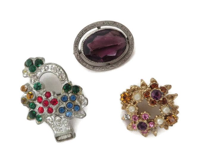 Vintage Rhinestone Brooch Trio, Silver Tone, Gold Tone Hat, Jacket, Coat Pins