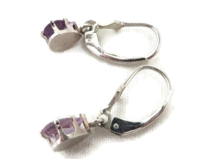 Sterling Silver Faux Amethyst Earrings, Vintage Pierced Leverback Dangling Earrings