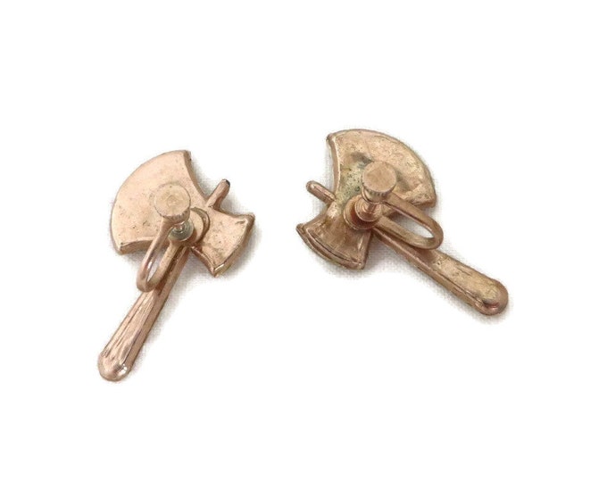 Vintage '50s Novelty Earrings, Copper Toned Rhinestone Tomahawk Screwback Earrings