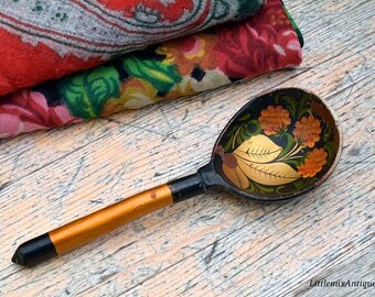 Vintage Soviet Era Traditional Russian Folk Art Khokhloma Lacquer Ware Hand painted Wooden Spoon Retro Russian Folk Art Spoon Souvenir