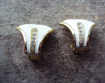 Retro Art Deco white enamel diamanté gold tone clip on earrings