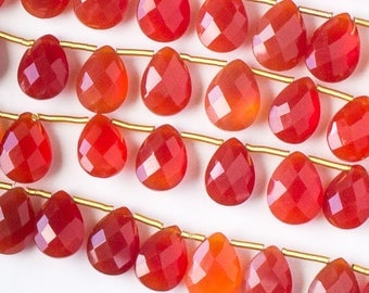 Gemstone Briolette Beads - Carnelian - Faceted Hand Cut - Grade AAA - 7x10mm - Top Drilled Horizontal 1mm - 02 pieces per order