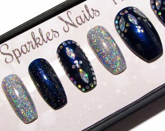 Galaxy Holographic Chrome Nails - Nail Art Acrylic Nails - Coffin Press On Nails - Glitter Fake Nails - Sparkly False Nails - Navy & Silver