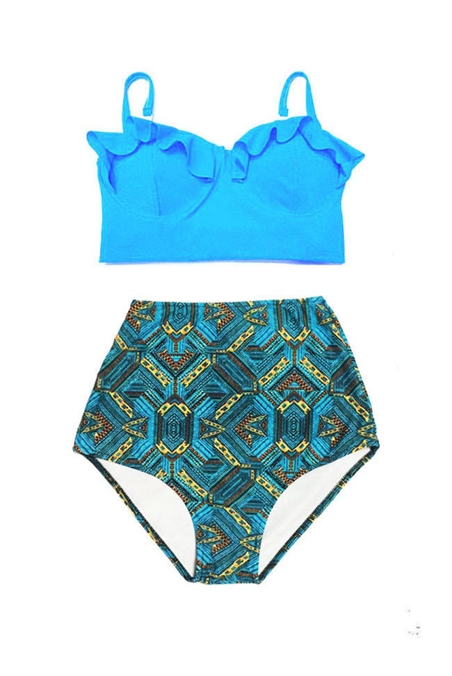 Light Blue Underwire Midkini Top and Graphic Highwaisted