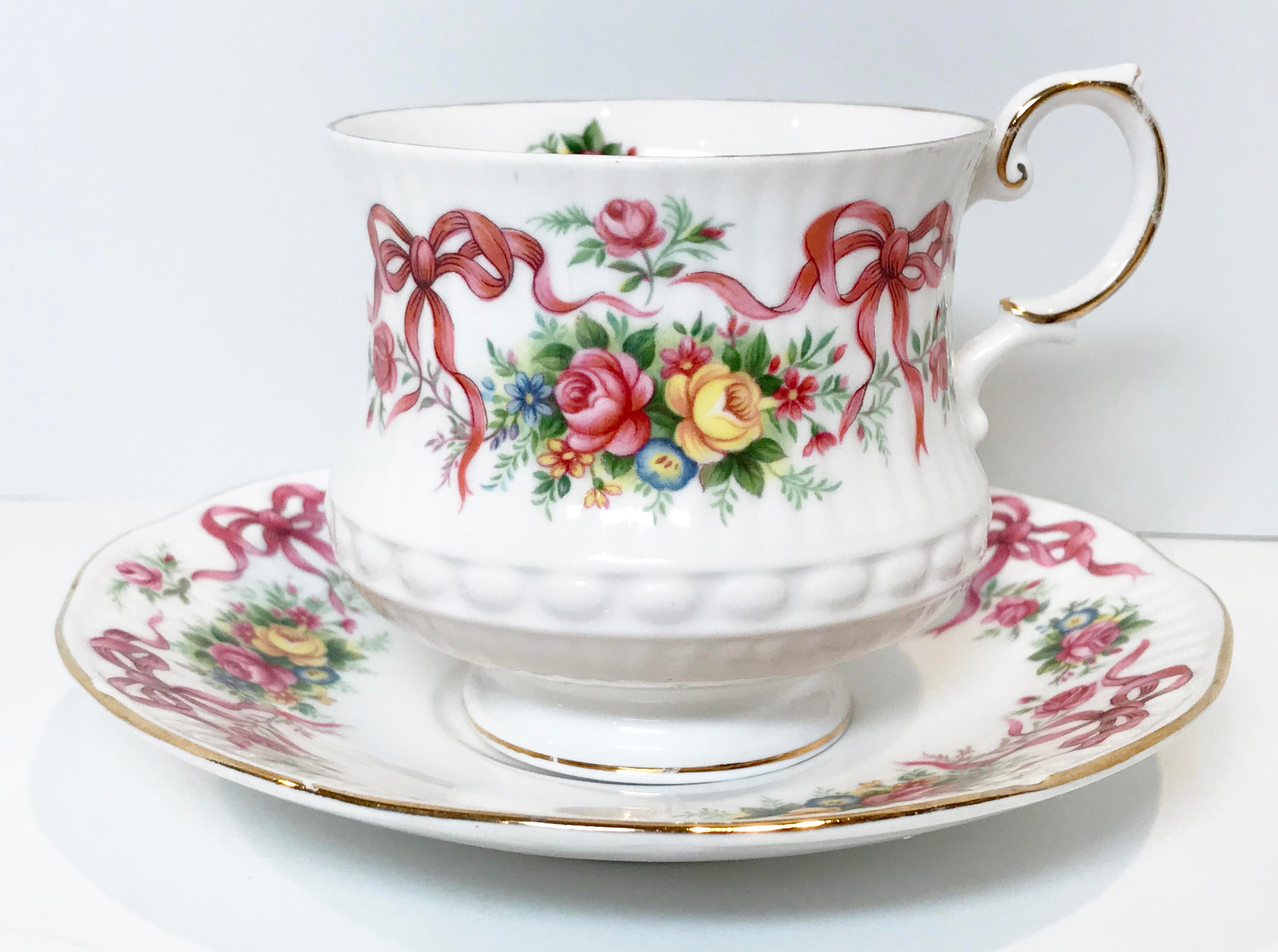 Reserved for F, Queens Tea Cup and Saucer, Ribbon Cups, Antique Teacups
