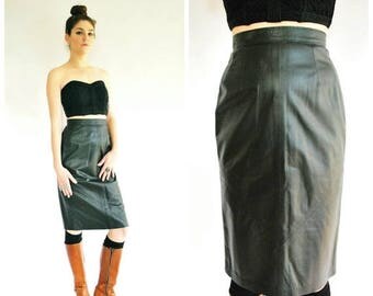 SALE 25% Off Black Leather Pencil Skirt - High Waisted 80's Skirt - Size Small