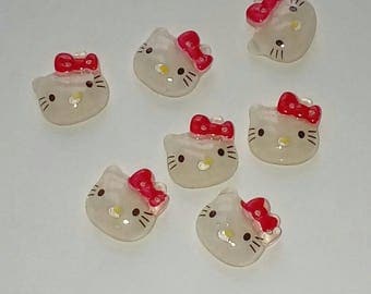 X 6 Cabochons 15mm Red Bow Kitty Cat Head