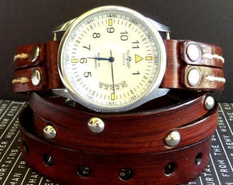 Leather Wrap Watch, Wrist Watch, Leather Watch, Men's Wrap around watch, Chocolate Cherry Watch