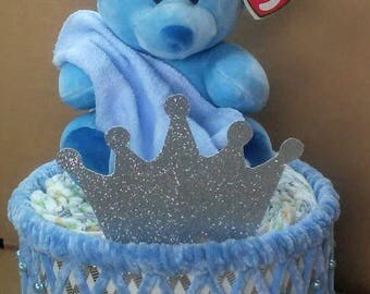 Light Blue and Silver Little Teddy Bear Prince Baby Boy Shower Mini Holiday Diaper Cake Decor , Table Centerpiece ,  Baby Gift