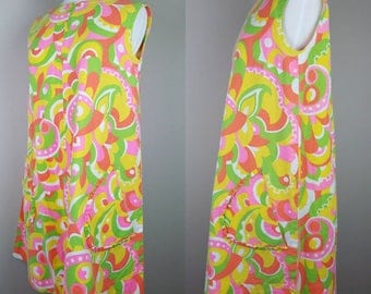 1960s vintage A-Line Shift dress yellow pink green orange sleeveless go go